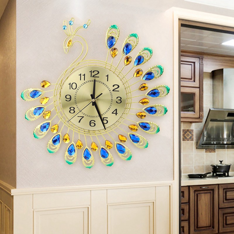 Iron Modern Wall Clock Large 3D Peacock Shape Non Ticking