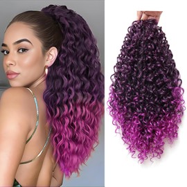XSASLYET 14 Inch Drawstring Ponytail Extension for Black Women, Curly Long Hair Ponytail, Natural Black Pony Tails Hair Extensions with Secure Fit for Easy Daily Wear (T1B/Purple)