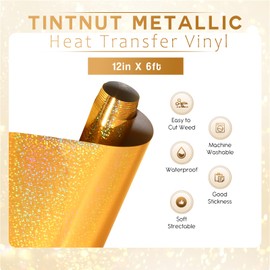 Tintnut Gold Glitter Metallic HTV Vinyl Roll- 12" x 6ft Heat Transfer Vinyl Foil Holographic Iron On Vinyl for T-Shirts DIY Compatible with Cricut or Silhoutte Cameo