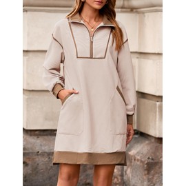 Wenrine Women's Oversized Sweatshirt Dress Half Zip V Neck Long Sleeve Contrast Fall Casual Mini Dresses Beige