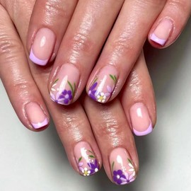 Purple Press on Nails Short Square Fake Nails French Tip Press ones False Nails with designs Floral Glue on Nails Reusable Summer Stick on Nails for Women Artificial Nails Decor 24pcs