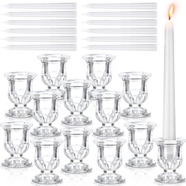 Threlaco 12 Sets Taper Candle Holders Bulk 12pcs Glass Candlestick Holders 12pcs White Long Candle Small Candle Sticks Table Centerpiece for Wedding Thanksgiving Christmas Birthday Party Favor(Clear)