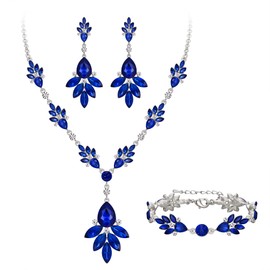 BriLove Wedding Bridal Jewelry Set Marquise Rhinestone Crystal Teardrop Necklace Earring Bracelet Gift for Women Brides Blue Silver-Tone