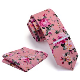 Gusleson Mens Cotton Tie Sets Pink Floral Skinny Ties for Men Slim Tie Fashion Thin Necktie and Pocket Square Set (UK0941-12)