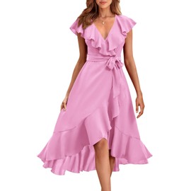 PRETTYGARDEN Women's Summer Cross Maxi Dress Casual Boho Deep V Neck Short Sleeve Ruffle Hem Split Beach Long Dresses (Bright Pink,X-Large)