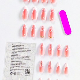 24Pcs Valentine's Day Heart Press on Nails French Tip Fake Nails Long Almond with Rhinestones Design French False Nails Full Cover Heart Glue on Nails Glossy Nails Nail Decoration for Women