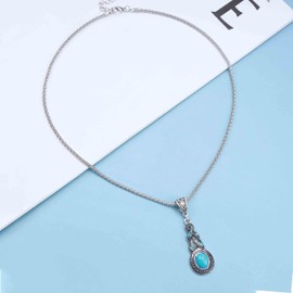 Allereya Boho Turquoise Pendant Necklace Natural Turquoise Stone Necklace Silver Round Snake Chain Necklace Blue Rhinestone Necklace Jewellery for Women and Girls