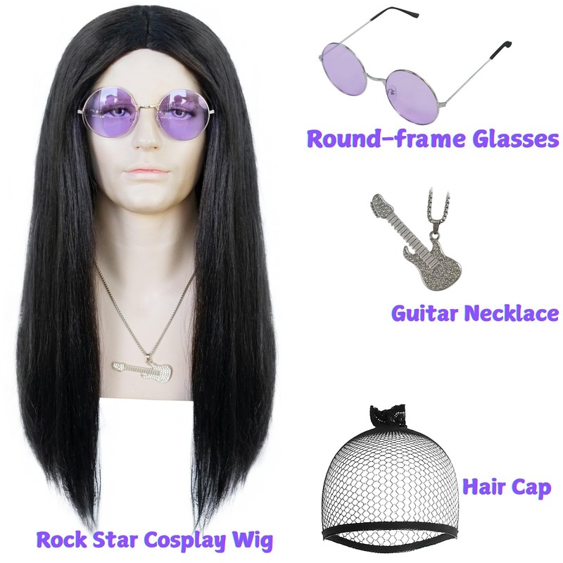 ESUNO Black Rocker Wig Long Black Wig Rock Star Costumes
