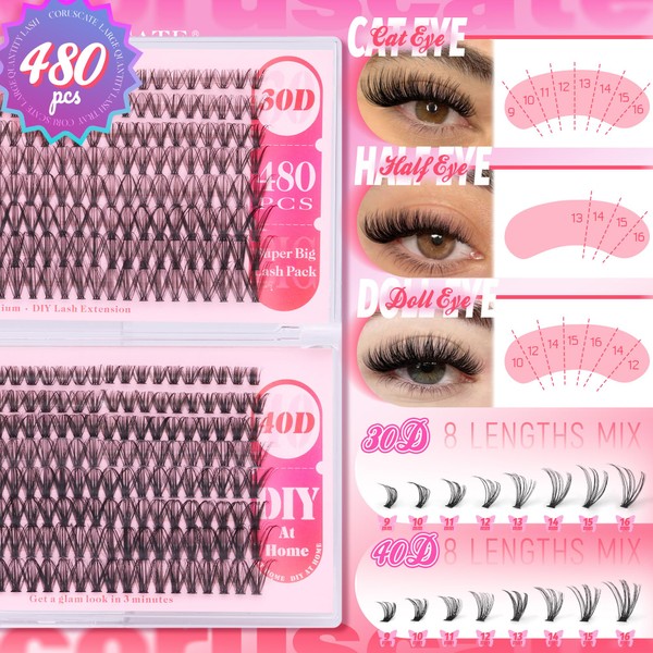 CORUSCATE Lash Clusters Wispy 480pcs Eyelash Clusters 30D 40D Curl