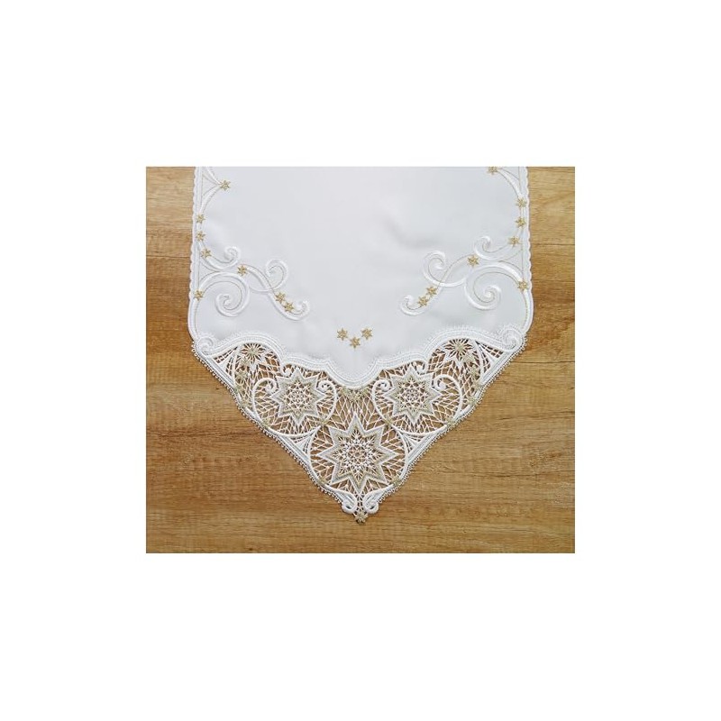 Festive Christmas Table Runner Sandy with Plauen Lace in White/Gold