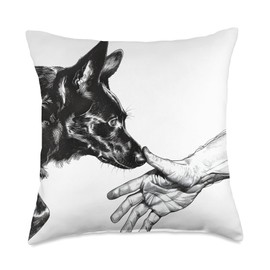 Dog Paw & Human Hand Cute Black & White Belgian Malinois Throw Pillow