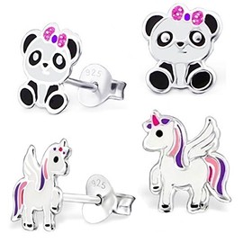 2 Pairs of Stud Earrings Set Girls 925 Silver with Enamel Unicorn, Sterling Silver Sterling silver enamel, No Gemstone