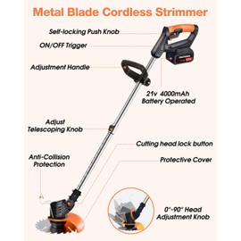 Electric Weed Wacker Cordless, 21V Weed Cordless Eater Battery Powered, with 2 * 4.0 Batteries & Charger, Lightweight Brush Cutter/Grass Trimmer, 3 Types Blade, for Lawn Yard Garden, Black