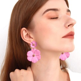 Aishgjia Large Double Flower Earrings Candy Color Metal Flower Dangle Earrings Romantic Boho Sweet Gold Chic Wild Flower Statement Earrings for Women Wedding Party Jewelry (Pink)