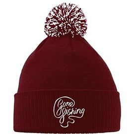 Hippowarehouse Gone Fishing Embroidered Beanie Hat with Bobble Maroon
