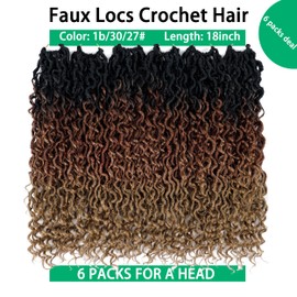 YESEGO Faux Locs Crochet Hair 18 Inch Ombre Goddess Locs Curly Pre Looped Crochet Braids with Curly Ends Synthetic Hair Extensions (6 packs, #1b/30/27)