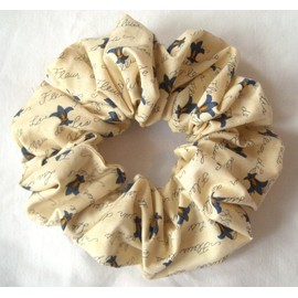 Blue Fleur de Lis on Ivory Cotton Hair Scrunchy-Jumbo - Made in the USA
