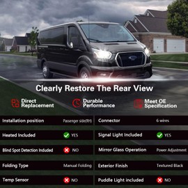 Marretoo Passenger Right Side Door Mirror replacement for 2015-2025 Ford Transit 150 250 350 350 HD Cargo Van 6 pins Power Glass,Heated,Signal Light Short Arm Textured Black FO1321552