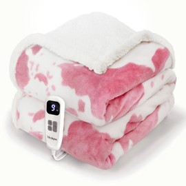blunique Cow Print Heated Throw Blanket Electric Blanket-Heating Blanket Throw with 10 Heat Levels & 4 Hours Auto-Off, Cozy Soft Fleece Sherpa, Washable, 50 x 60 Inches Cow Print Pink