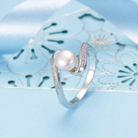 EleQueen 925 Sterling Silver CZ 7mm AAA Cream Freshwater Cultured Pearl Ribbon Bridal Cocktail Ring Size 6