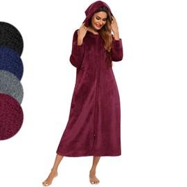Figarge Bathrobe for Men and Women with Zip and Hood Long Bathrobe Front Pockets Sauna Gown Flannel Bathrobe, Burgundy red