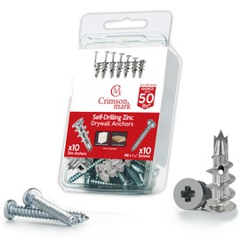 CrimsonMark 20Pcs Zinc Self Drilling Drywall Anchors and Screws kit #8 x 1-1/4”- Metal Wall Anchors for Drywall Heavy Duty, Holds Upto 50lbs – No Drill Hole Required with Dry Wall Screws and Anchors