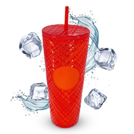Nadia's Little Treasures Jewelled Plastic Tumbler Cup - Plastic Double Walled Cold Cup for iced Coffee, Water, Slush or Smoothies, Your Home Cinema Cup Red