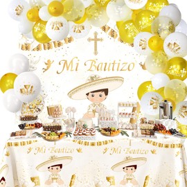 57Pcs Mi Bautizo Banner Backdrop Balloons Arch Garland Tablecloth Kit for He God Bless Baby Boy Baptism Party Decorations First Communion Decor Christening Celebration Accessories