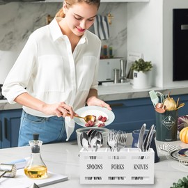 Kitchen Utensils Holder, Kitchen Cooking Utensil Organizer with 3 Compartment and Drainage Bottom,Wood Utensil Organizer for Counter, Farmhouse Cooking Tools Storage for Countertop, 25.5x8.7x11cm