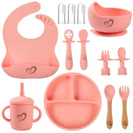 Silicone Baby Feeding Set 13 Pcs,Baby Led Weaning Supplies, Baby Spoons Suction Bowl Divided Plate Bib Cup Finger Brush,First Stage Solid Food Eating Utensils - 6 Months + (Pink)