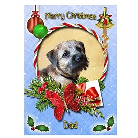 Border Terrier Dog Christmas Card Blue 'Merry Christmas Dad' - Special Animal Xmas Card for Him From Pets Kids
