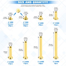 Glarks 80 Sets Chicago Screws Assortment, M5 x 6/15/25/35/45/55 Brass Plated Screw Posts Binding Screw Chicago Button Rivets Screws for Leather Photo Albums