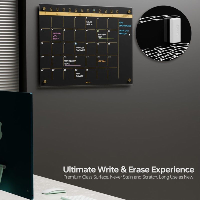 Black Glass Golden Monthly Dry Erase Calendar Whiteboard for Wall,