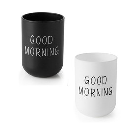 VUULDOO Minimalist Mouthwash Cup, 300ml Large Capacity，Black and White Colors, Good Morning Printed Design, Durable, Eco Friendly, Easy to Clean, Perfect for Bathroom and Travel (Black & White)