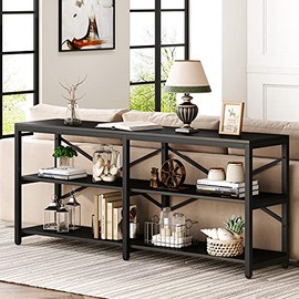 Tribesigns 70.9 Inch Extra Long Console Table, Modern Sofa Table Behind Couch Table with Storage Shelves, 3-Tier Industrial Hallway Entryway Table for Living Room, 3 Shelf Open Bookshelf (Black)