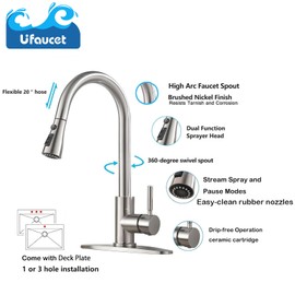 Ufaucet Kitchen Faucets with Pull Down Sprayer, Brushed Nickel High Arc RV Laundry Bar Commercial Sink Faucet, 1 or 3 Hole Stainless Steel Single Handle Faucets for Kitchen Sink with Deck Plate
