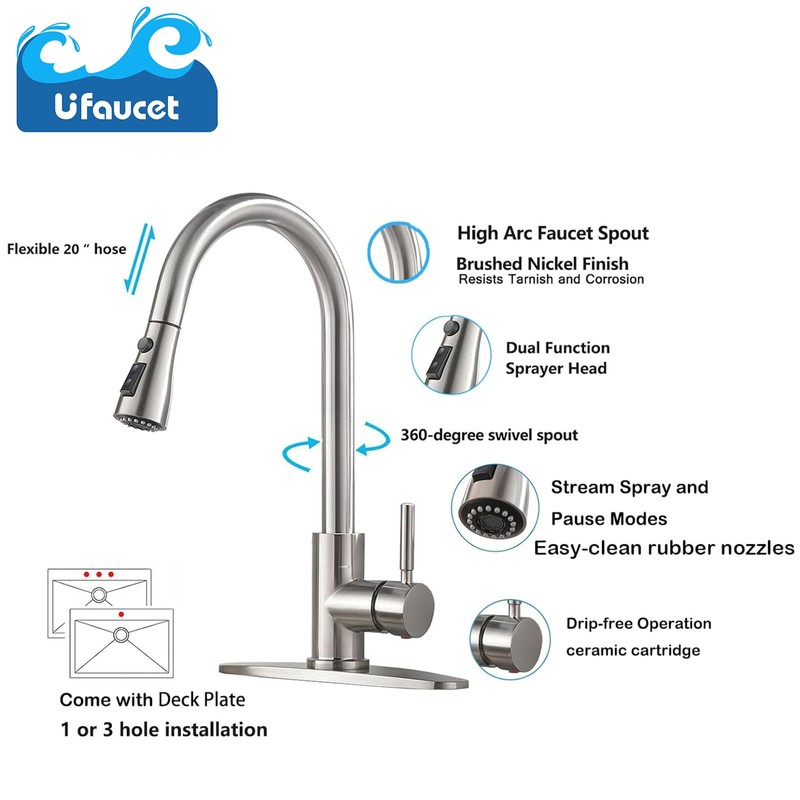 Ufaucet Kitchen Faucets with Pull Down Sprayer, Brushed Nickel High