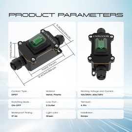 CNAODUN Waterproof Inline Cord Switch 20A-125V,16A-250V AC On Off Toggle Switch with Green Light Rocker Button DPST Double Outlet Outdoor IP66