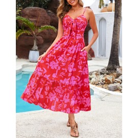 Kranda Resort Summer Dresses for Women 2025 Spring Spaghetti Strap Wedding Sundress Sleeveless High Waist Tie Front V Neck Smocked Ruffle Boho Beach Long Floral Maxi Dress with Pockets Red S