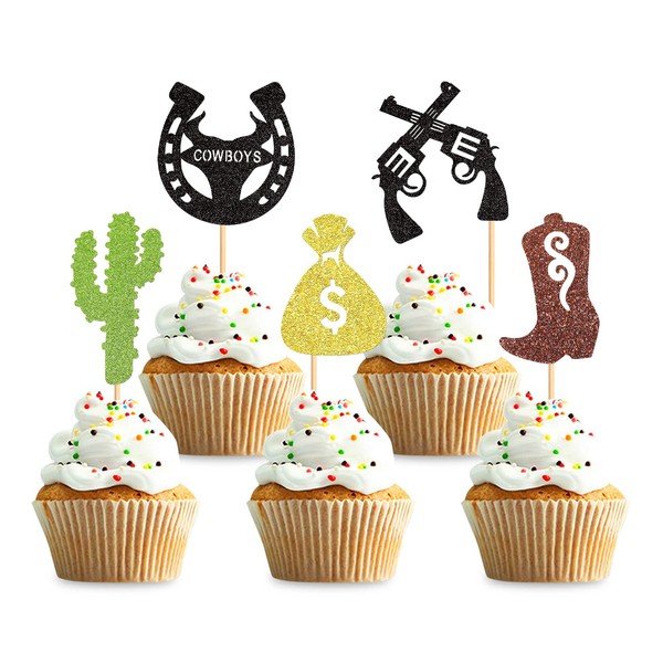 Keaziu 25 adornos para cupcakes de vaquero, diseño de cactus, para montar a caballo, sombreros de vaquero, bolsa de dinero, temática occidental, feliz cumpleaños, baby shower, fiesta, decoración de pasteles