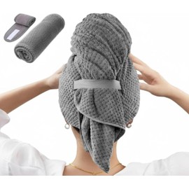 Toalla de Secado de Pelo Súper Absorbente, Antiencrespamiento, Turbante para Cabello Largo y Grueso + Banda de SPA (Gris)