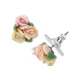 1928 Jewelry Pink Ivory Peach Porcelain Rose Floral Bouquet Post Earrings For Women, Hand Crafted, Made In USA, Spring Flower Fashion, 6MM