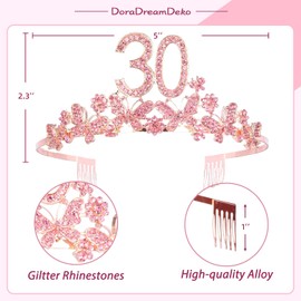 DORADREAMDEKO 30th Birthday Sash and Tiara for Women - Fabulous Glitter Sash + Butterflies Rhinestone Pink Premium Metal Tiara for Her, 30th Birthday Gifts for 30 Party