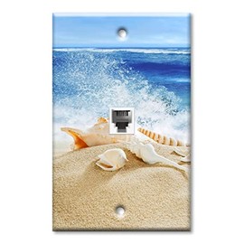 Art Plates - Decorative Printed 2 Port Data Wall Plate, RJ11 Telephone Jack Connector with RJ45 (Cat5, Cat6, Cat7) Ethernet Connector, Gold-Plated - Sea Shells by the Ocean Waves Beach