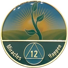 12 Year AA, Alcoholics Anonymous- The Miracles Medallion - Sunrise, Multicolored Enamel, Bling, Recovery Chip, Token, Coin