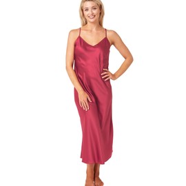 Indigo Sky Samsara Long Satin Chemise Nightdress, Burgundy, 20-22
