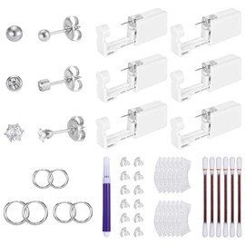 Disposable Ear Piercing Kit with 6 Piercing Guns, 3 Pairs of Earrings, Mark Pen, Iodophor Swabs, Cartilage Jewelry Studs & Accessories, Easy at Home Use (Silver)