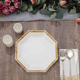 25 White 9-inch Octagon Disposable Dinner Salad Paper Plates Natural Bamboo Print Trim Party Events Home Tableware Decorations