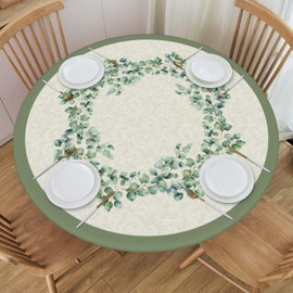 Sage Green Eucalyptus Leaf Round Tablecloth Spring Summer Watercolor Leaves Table Cover with Elastic Edge Washable Fitted Table Cloth for Kitchen Patry Outdoor Decor Fits 45"-50", Medium
