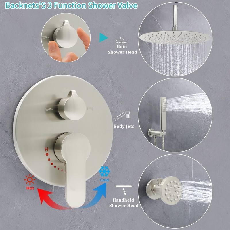 Backnets Wall Mount Brushed Nickel Pressure Balancing Shower Diverter Mixing